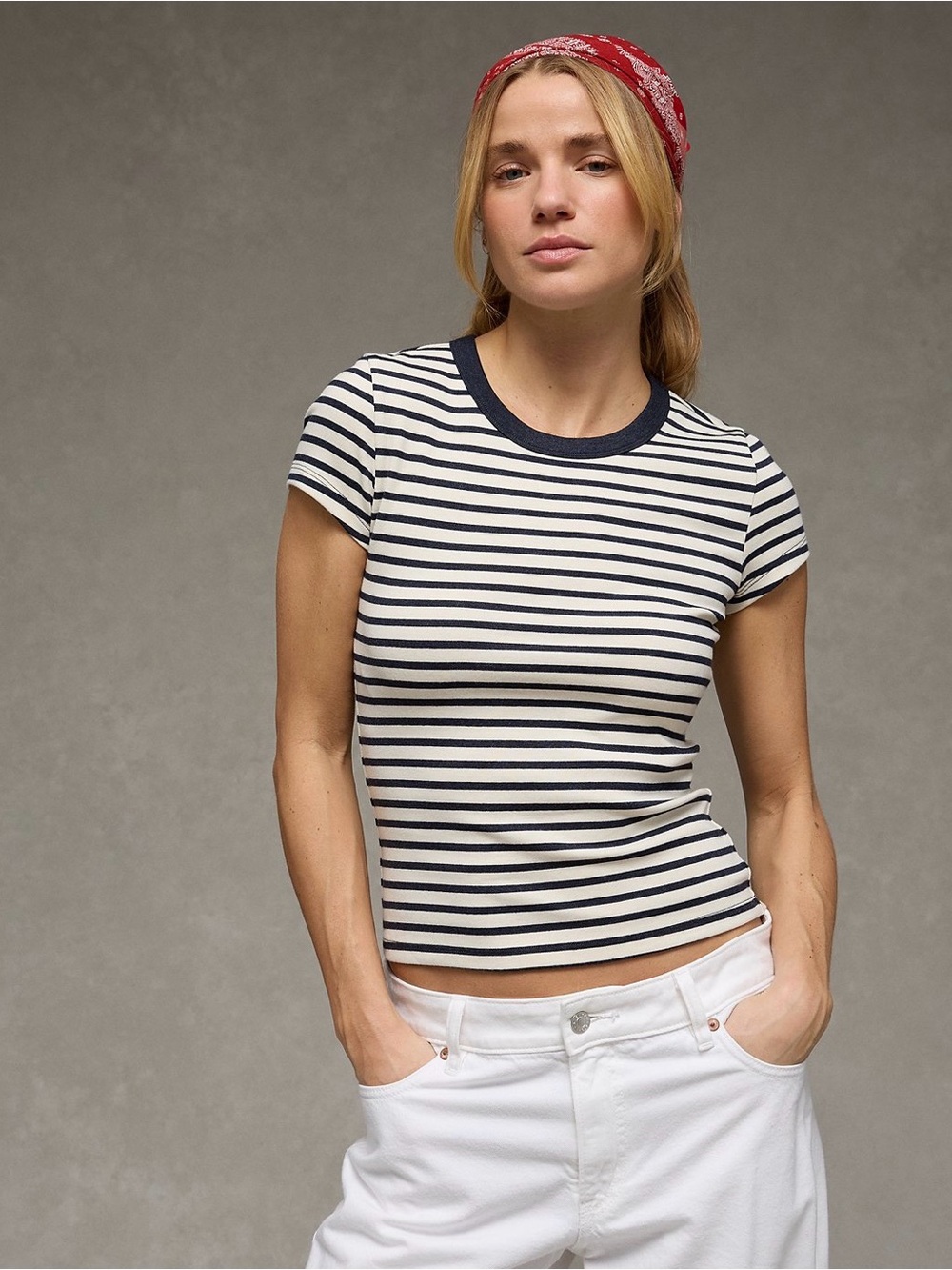 Striped Navy and White Crewneck Women's “Baby Tee”